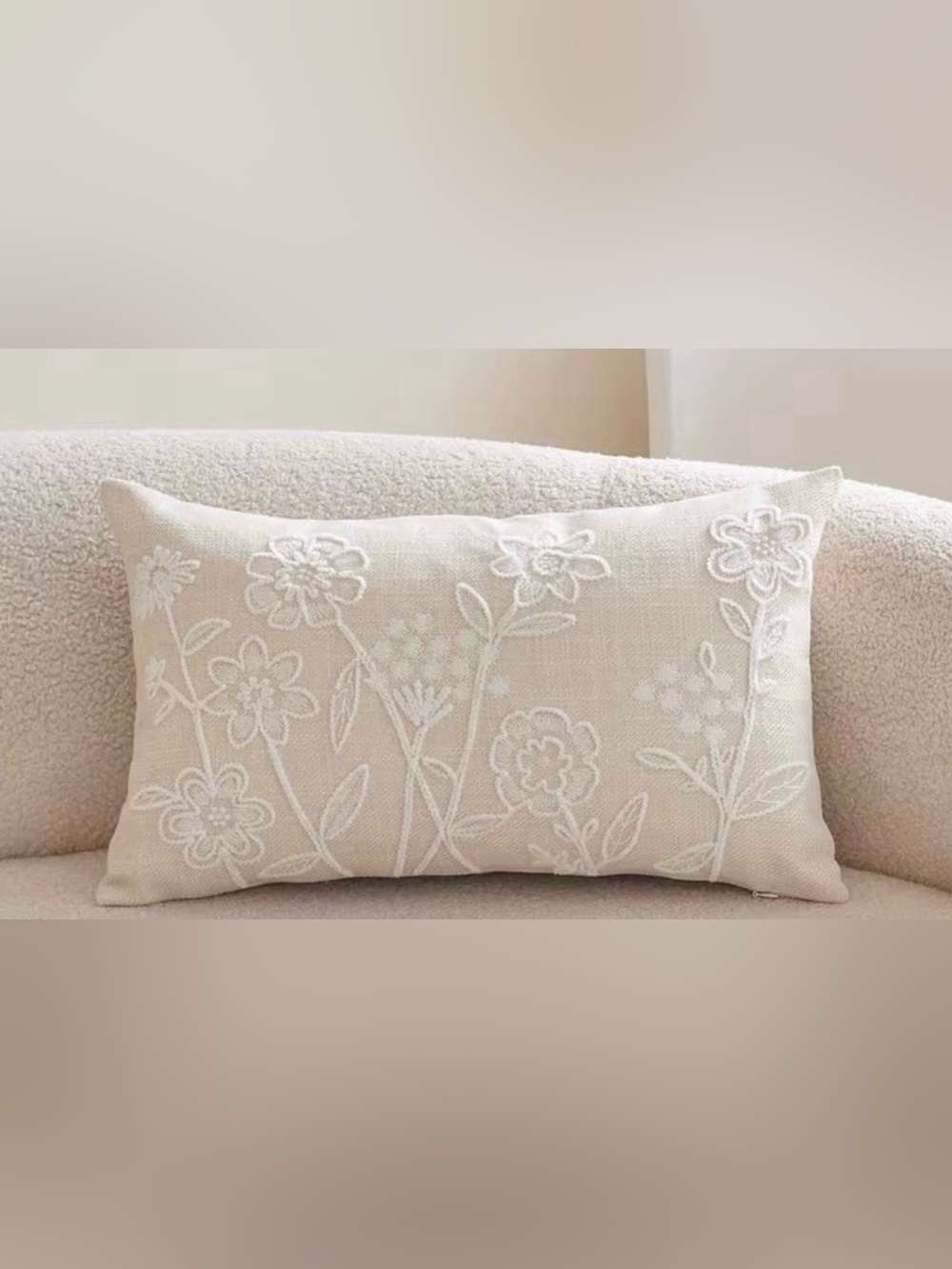 Cream Floral Embroidered Lumbar PillowCovet- Textured Botanical Stitching